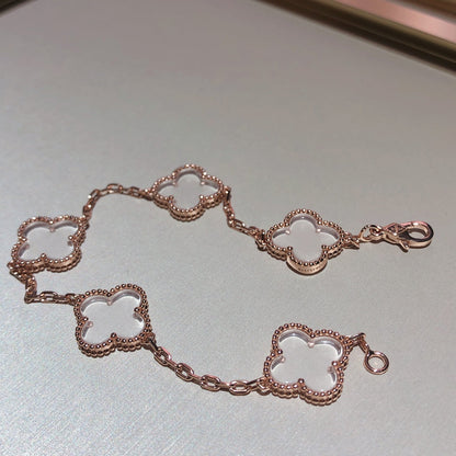 [Mystic]クローバー5モチーフ ロッククリスタル ピンクゴールドブレスレット