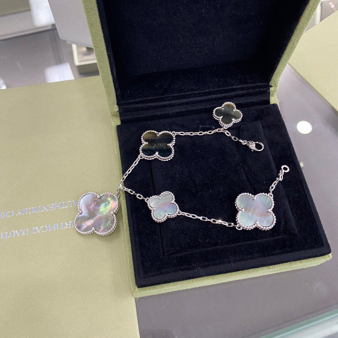 [Mystic]クローバー 5モチーフ シルバー ダークマザーオブパール ブレスレット