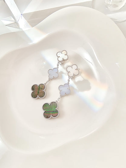 [ミスティック]クローバー 3 モチーフ カルセドニー ダークマザーオブパール シルバー イヤリング