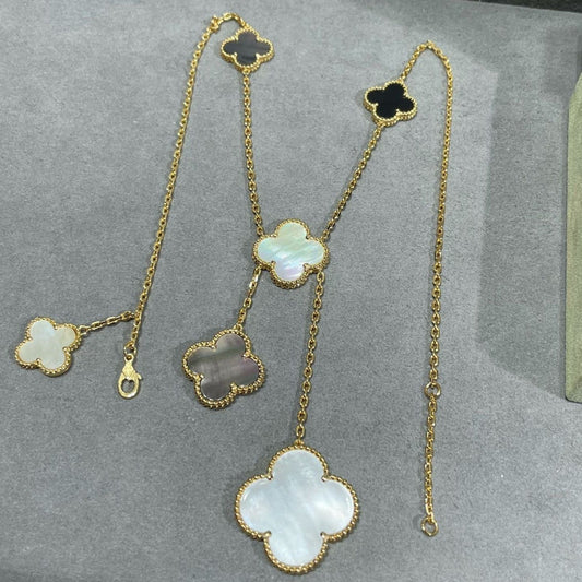 [Mystic]クローバー 6モチーフ マザーオブパール オニキス ゴールド ネックレス