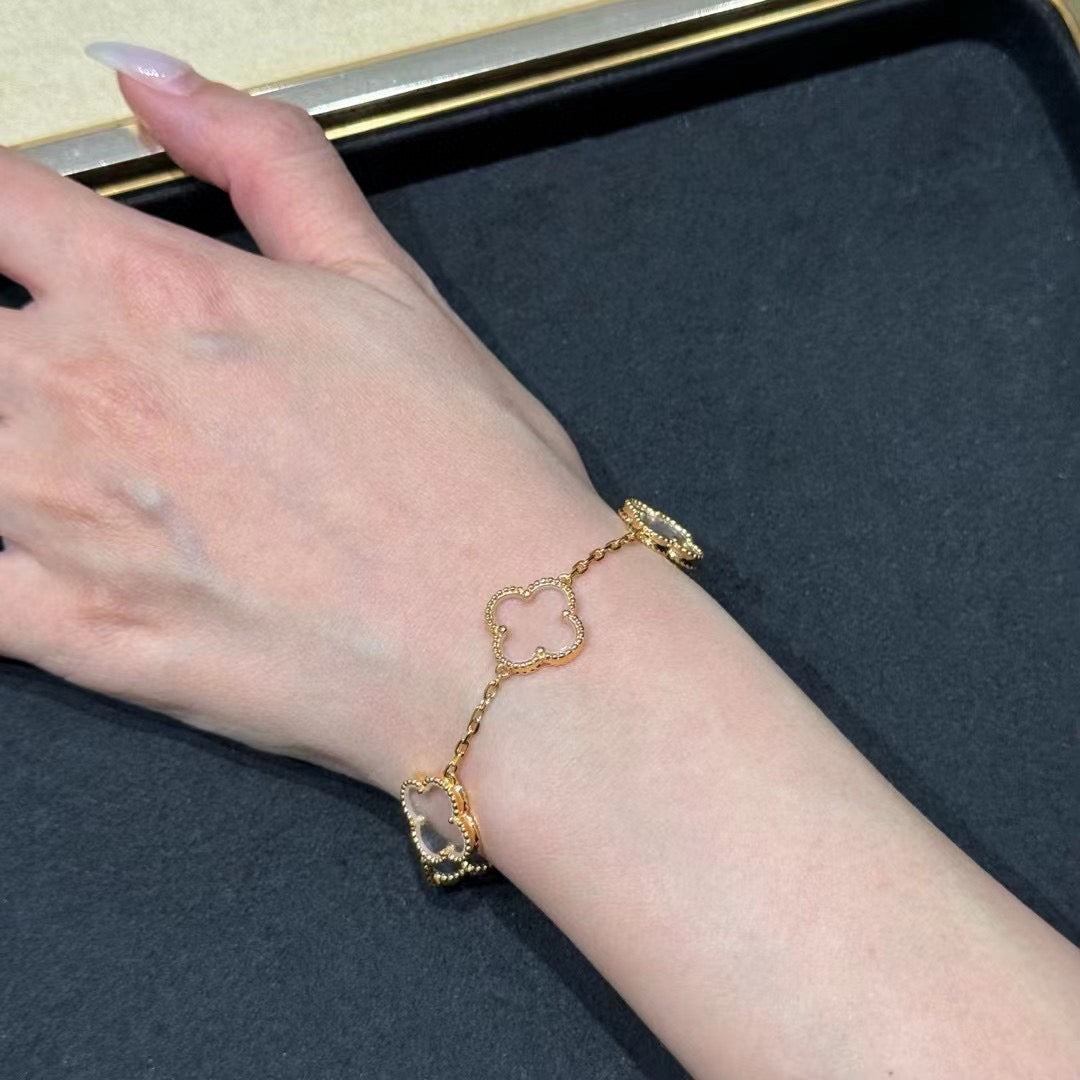 [Mystic]クローバー5モチーフ ロッククリスタル ピンクゴールドブレスレット